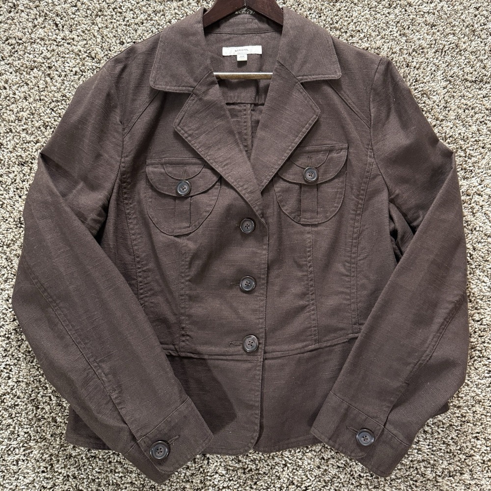 Merona Linen Cotton Utility Jacket Brown Button Front Women's 16W Vintage Y2K‎